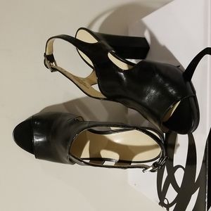 Nine West Black Leather Peep-Toe Sling Back Heels